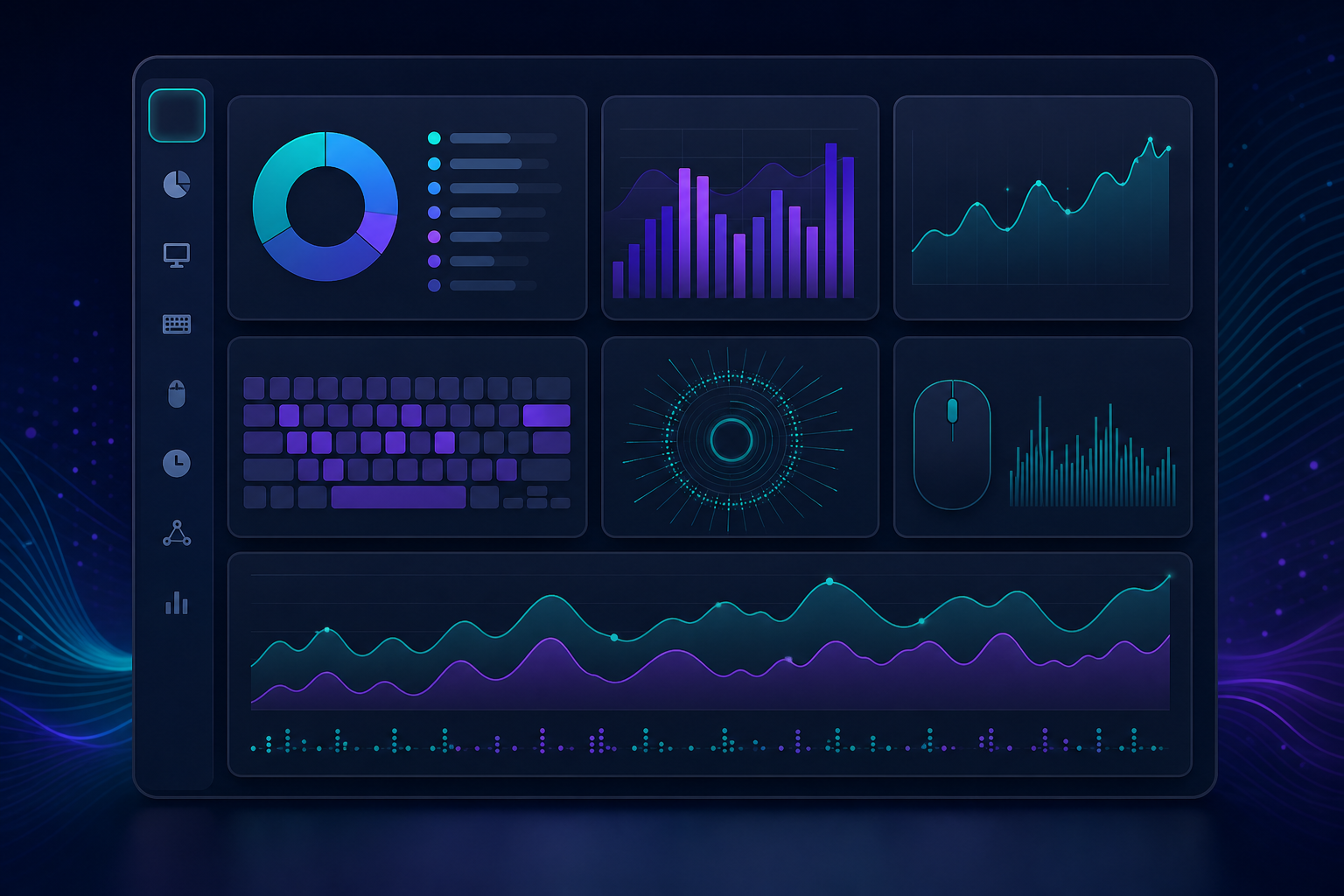 Abstract dashboard showing computer activity patterns across apps, websites, typing, mouse activity, uptime, and network usage