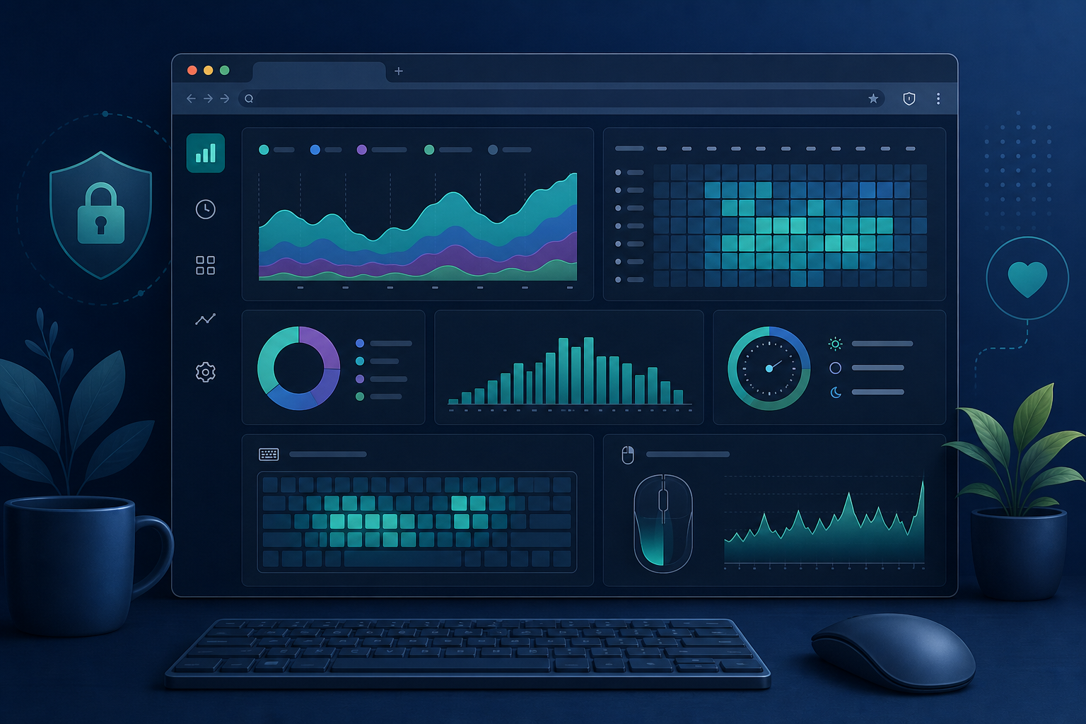 A calm desktop analytics dashboard showing website visits, time blocks, and browser activity patterns