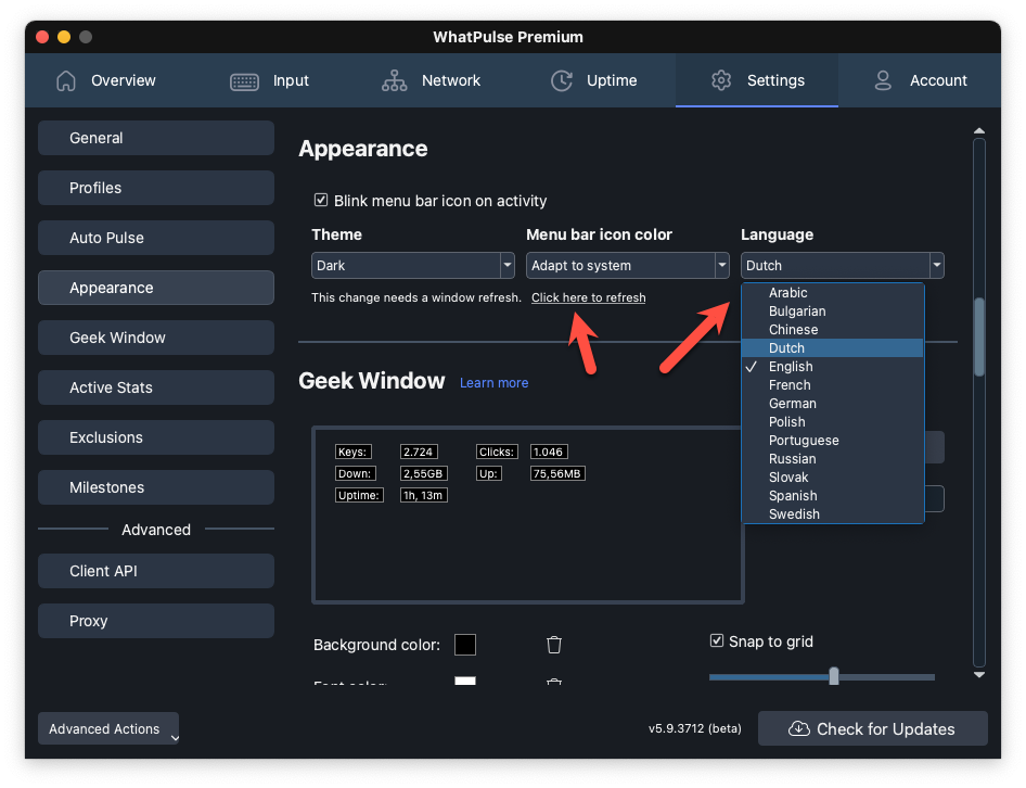 Select the language in settings