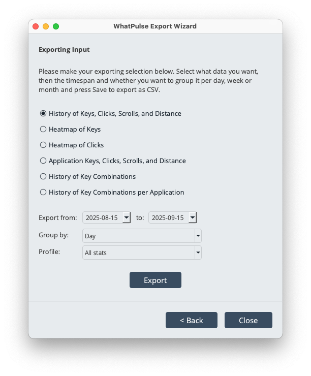 Input data export options for keyboard and mouse statistics