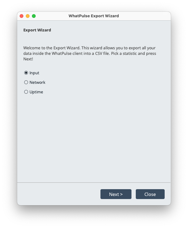 Export wizard introduction showing available data export options