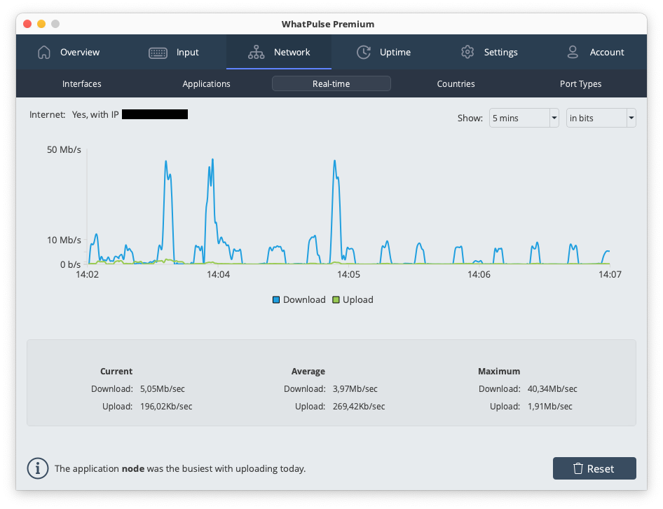Real-time network monitoring showing current upload and download speeds