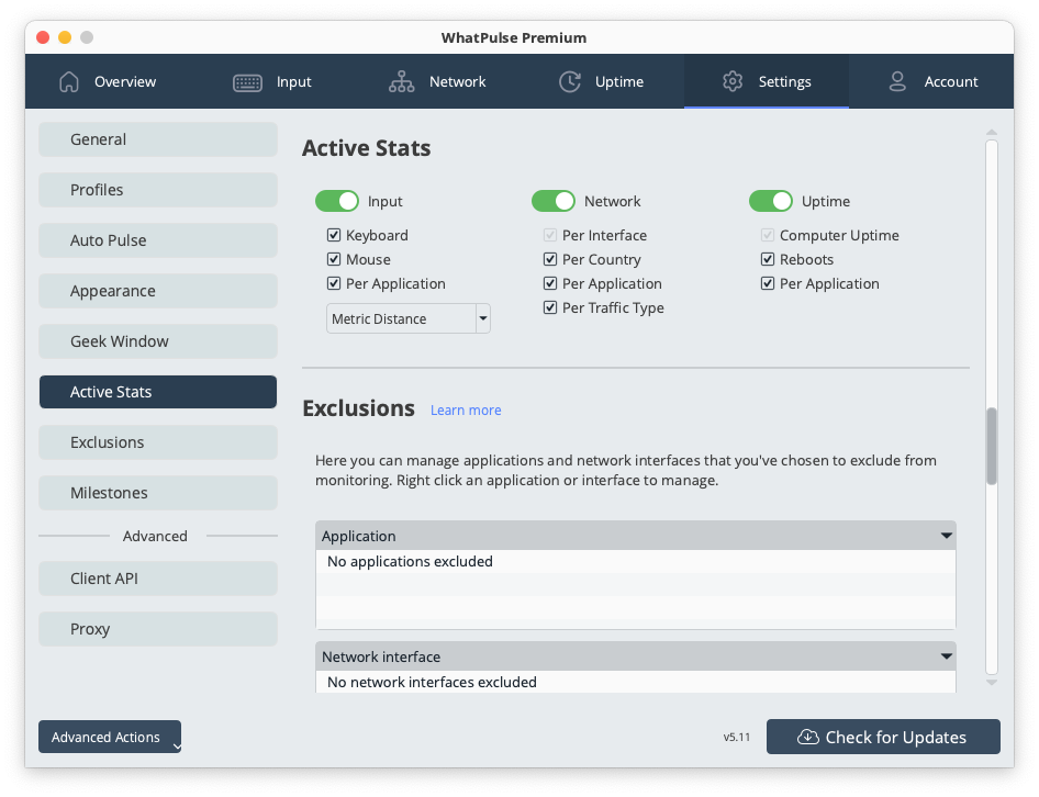 Active stats configuration for enabling or disabling different tracking features