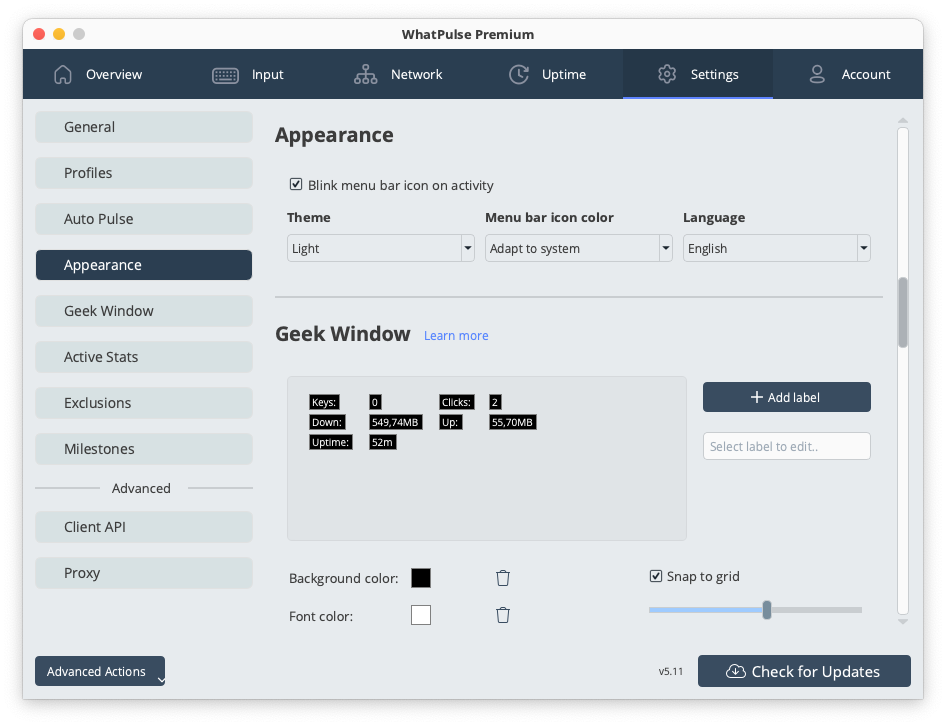 Appearance settings for customizing themes, colors, and visual preferences