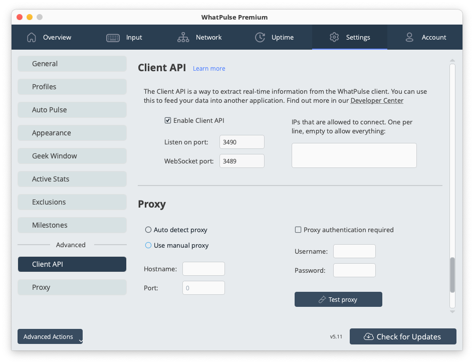 Client API settings for enabling third-party integrations and data access