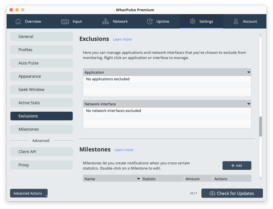 Privacy exclusions settings for controlling what data is collected and shared