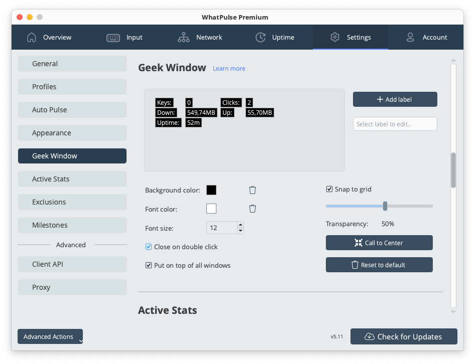 Geek window settings for advanced statistics display and monitoring options