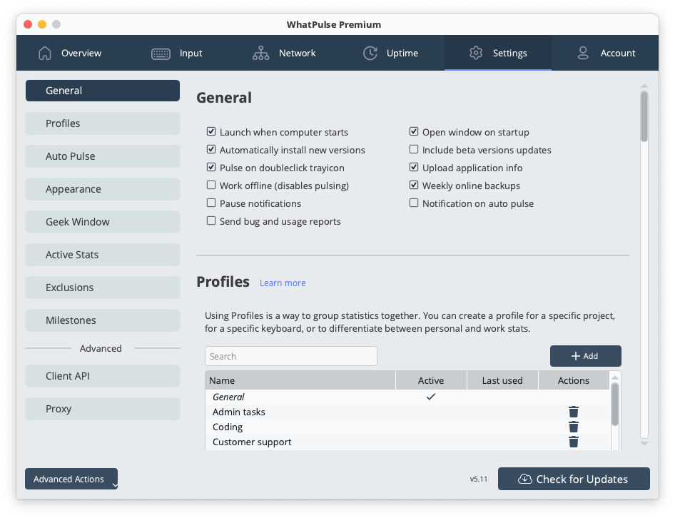 General settings including account information and basic configuration options