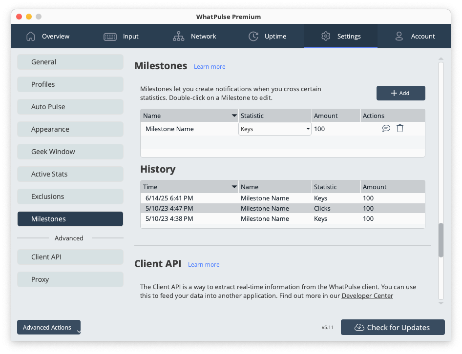 Milestone settings for configuring achievement notifications and goals