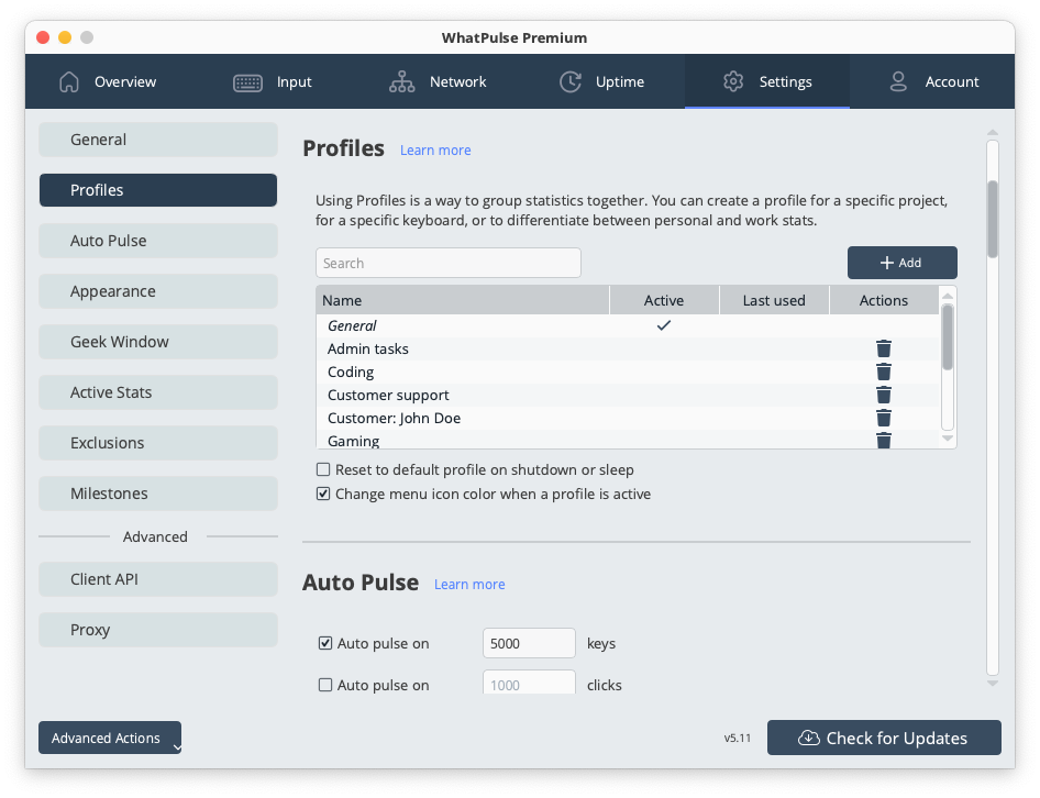 Profile management for organizing statistics by different usage contexts