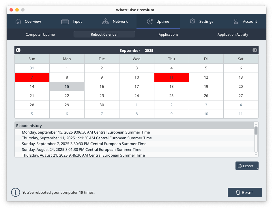 Reboot calendar displaying system restart patterns and uptime periods over time